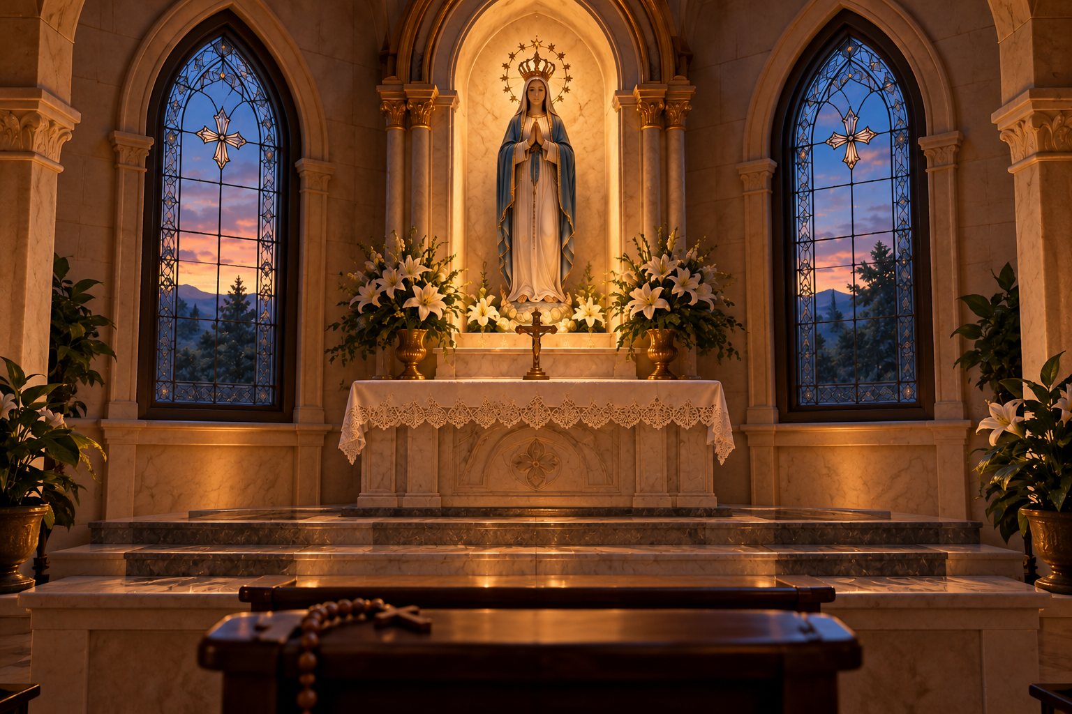 Santuário mariano ao entardecer, com Nossa Senhora sobre o altar, vitrais azuis e degraus de mármore